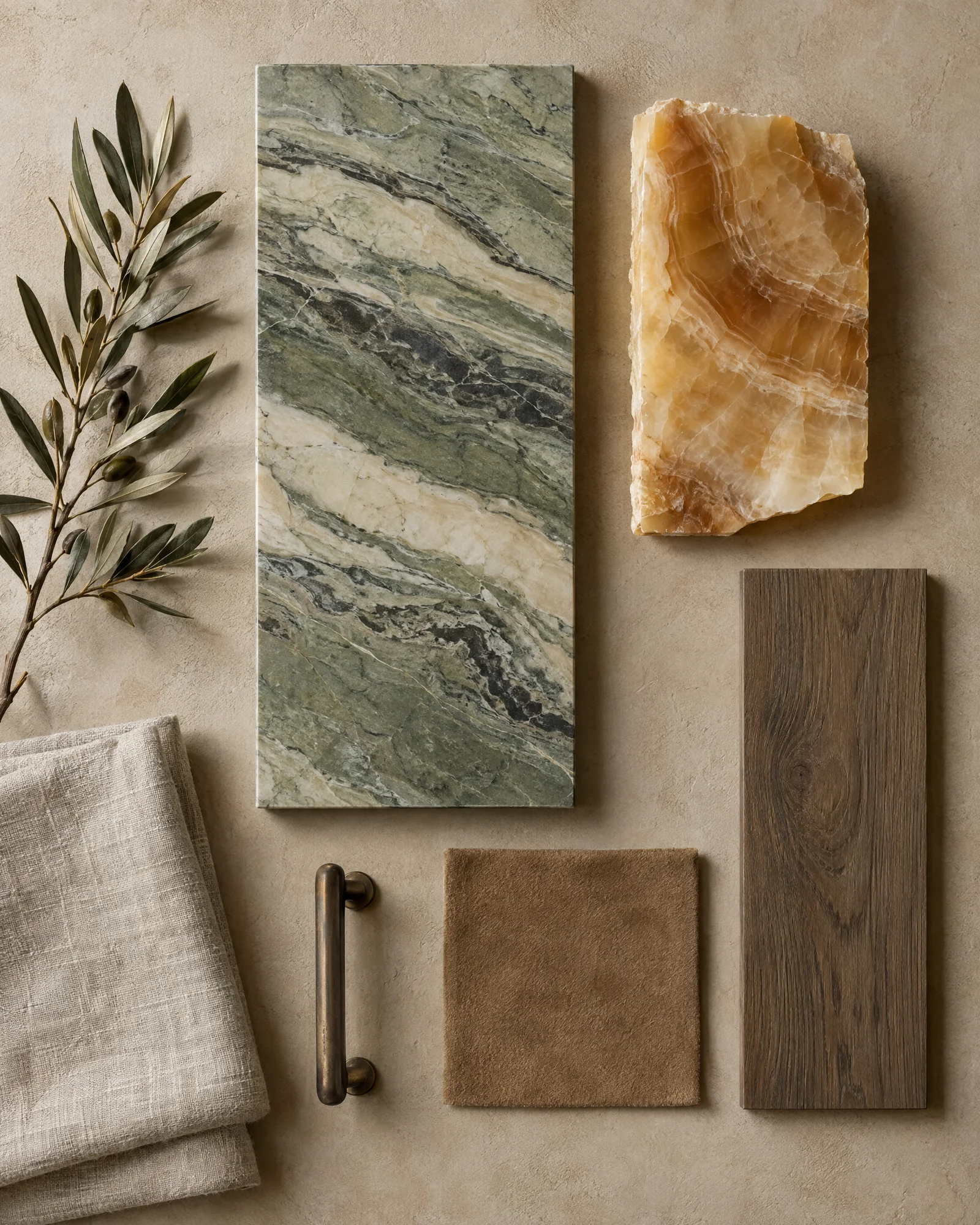 Material samples of honed Cipollino marble, honey onyx, smoked oak, camel suede, oat linen and an antique bronze pull on limewash plaster