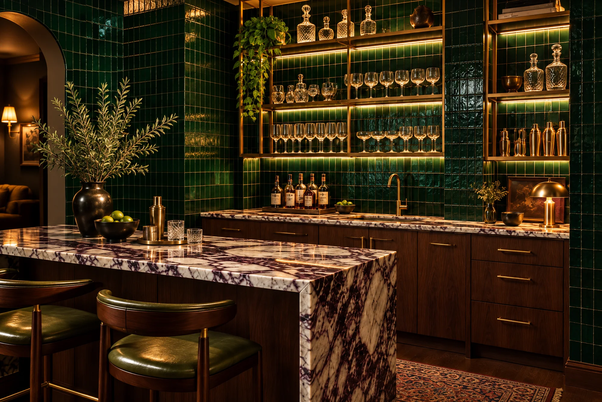 Concept bar with bottle-green zellige tile, walnut cabinetry, brass shelving and a Viola marble counter