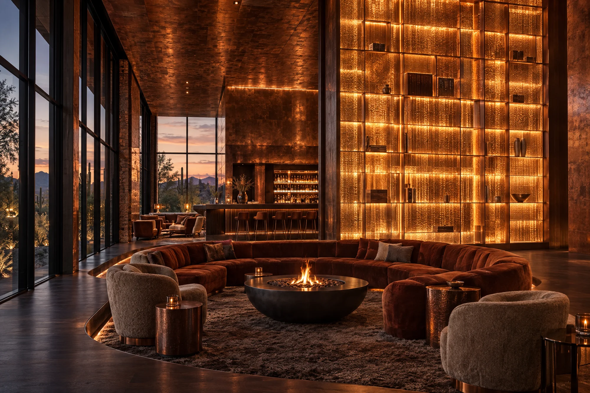 Concept hotel lounge with burnished copper walls, a glowing wall of amber glass niches, a sunken rust velvet conversation pit around a steel fire bowl and desert views
