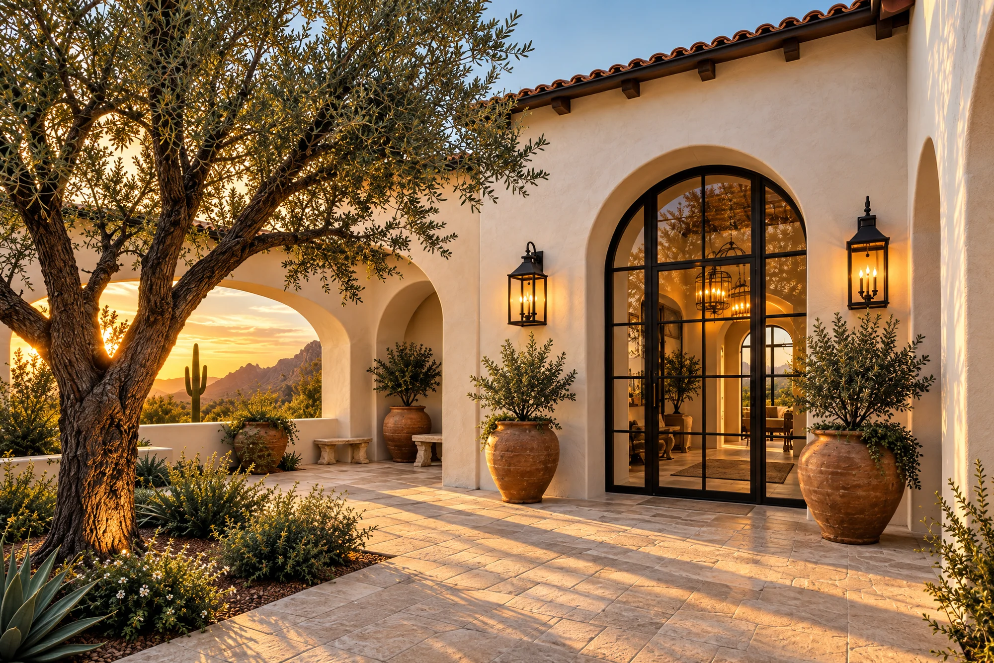 Concept Spanish-modern courtyard with limewash arches, an olive tree and an arched steel door