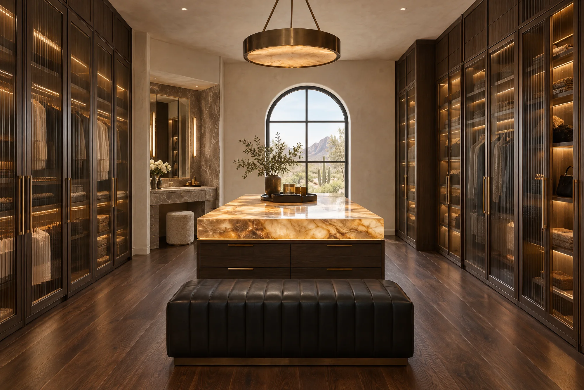 Concept dressing room with smoked oak wardrobes, bronze glass doors, a backlit honey onyx island and black leather bench