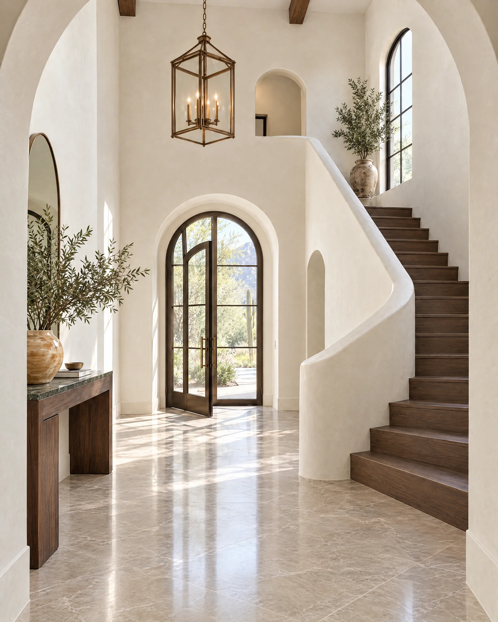 Concept entry with a smoked oak staircase, taupe marble floor, onyx vessel and bronze lantern