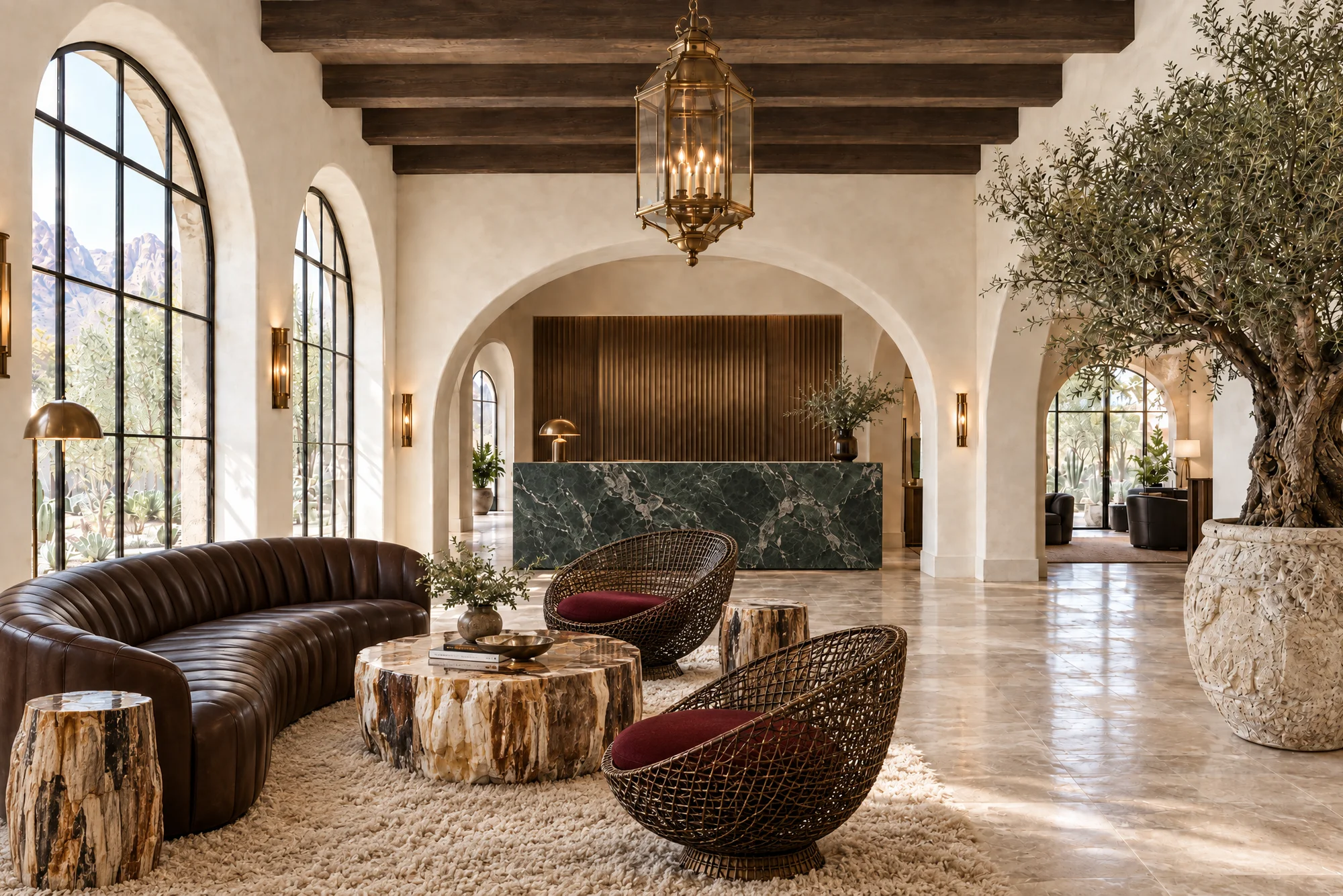 Concept hotel lobby with plaster arches, a tufted espresso leather sofa, woven bronze wire chairs, petrified wood tables, a shag rug and a green Verde marble desk