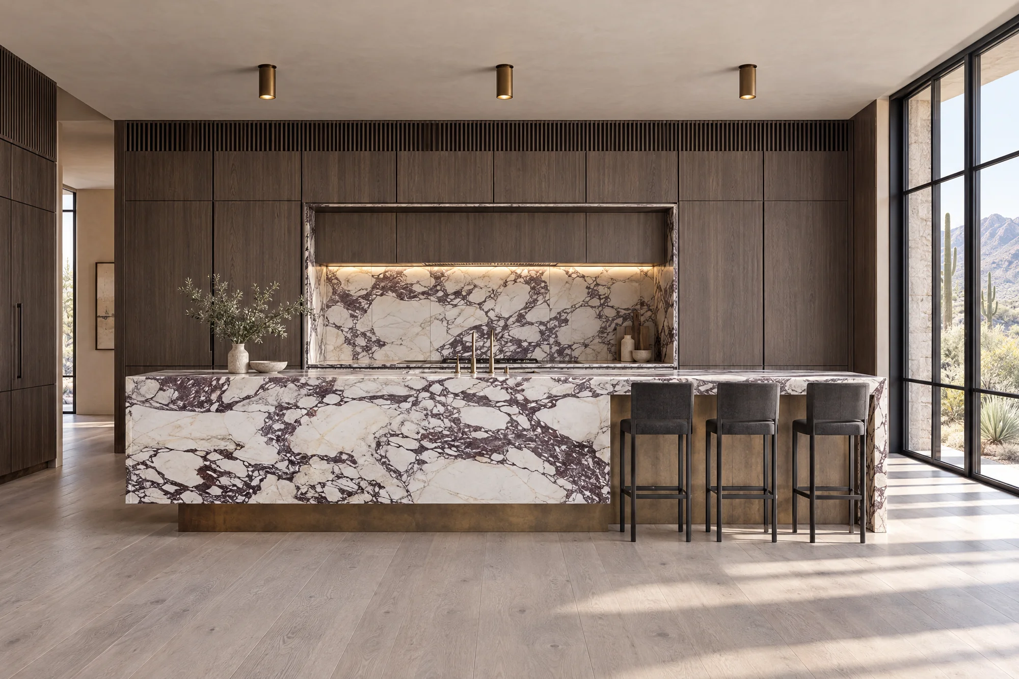 Concept modern kitchen with fluted smoked oak walls, a long waterfall island in polished Calacatta Viola marble on a bronze plinth, and black steel windows