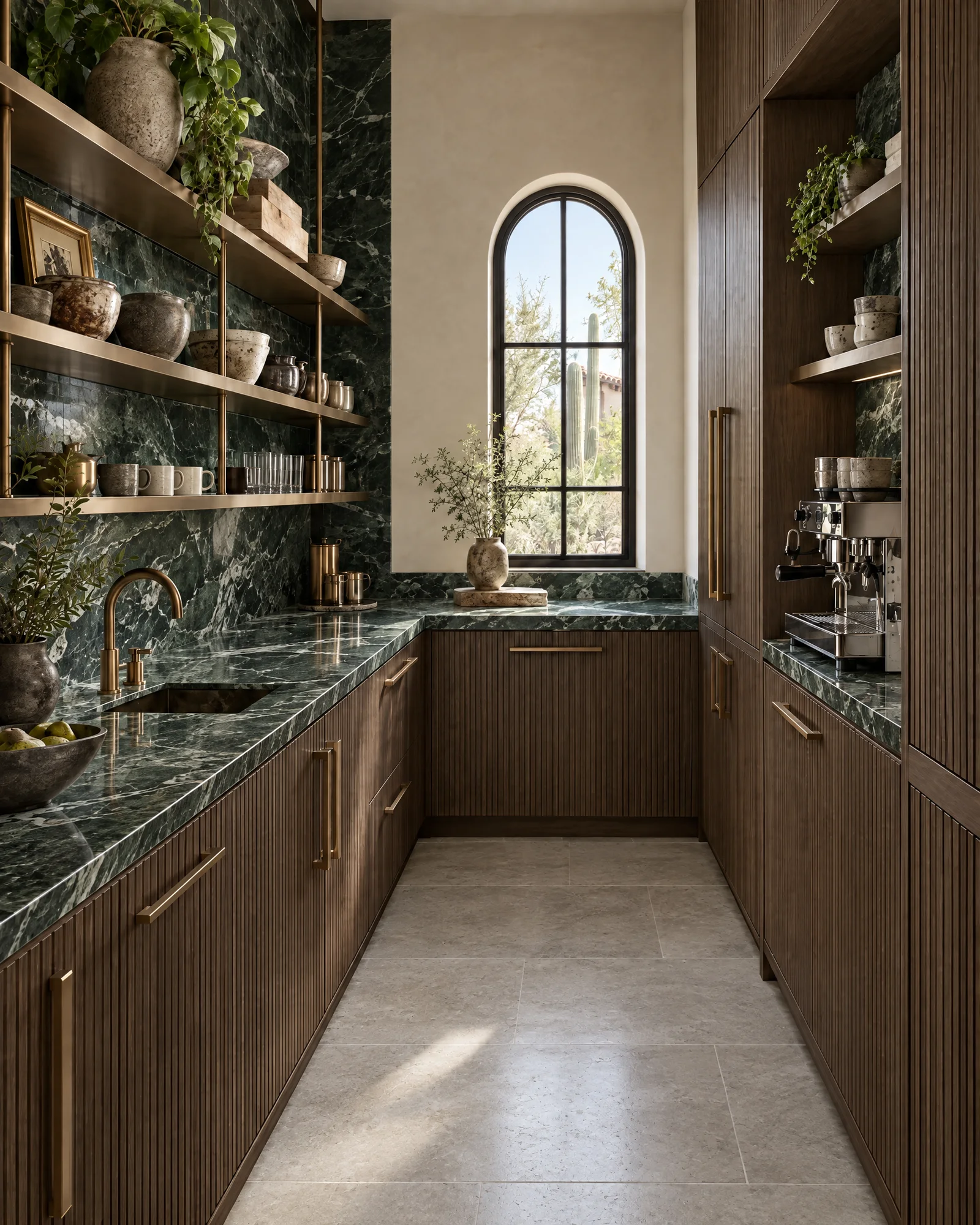 Concept butler's pantry with fluted smoked oak cabinetry, green Verde marble and smoked bronze shelving