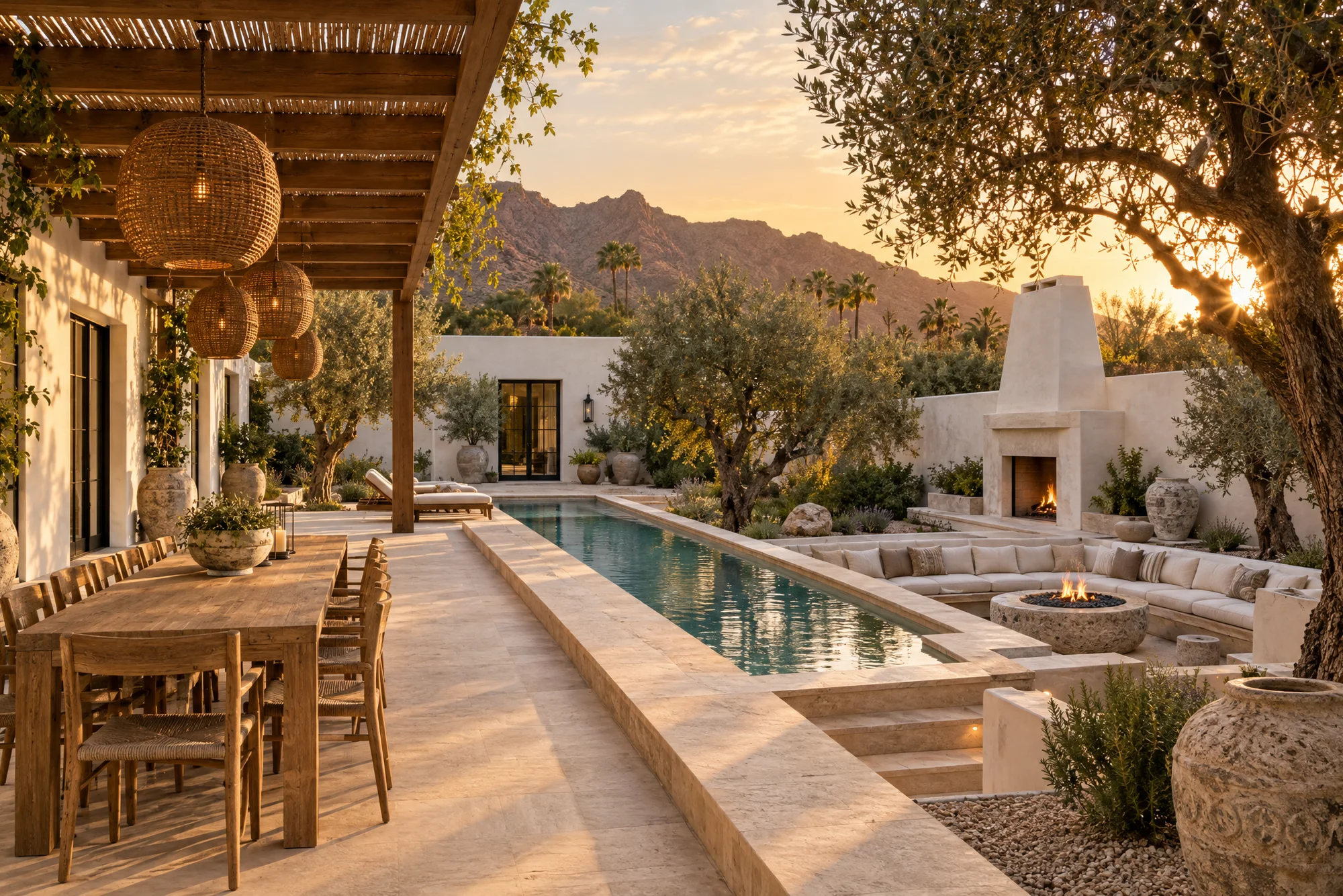 Concept outdoor courtyard with a plunge pool, olive trees, a lantern-lit pergola and fire pit lounge