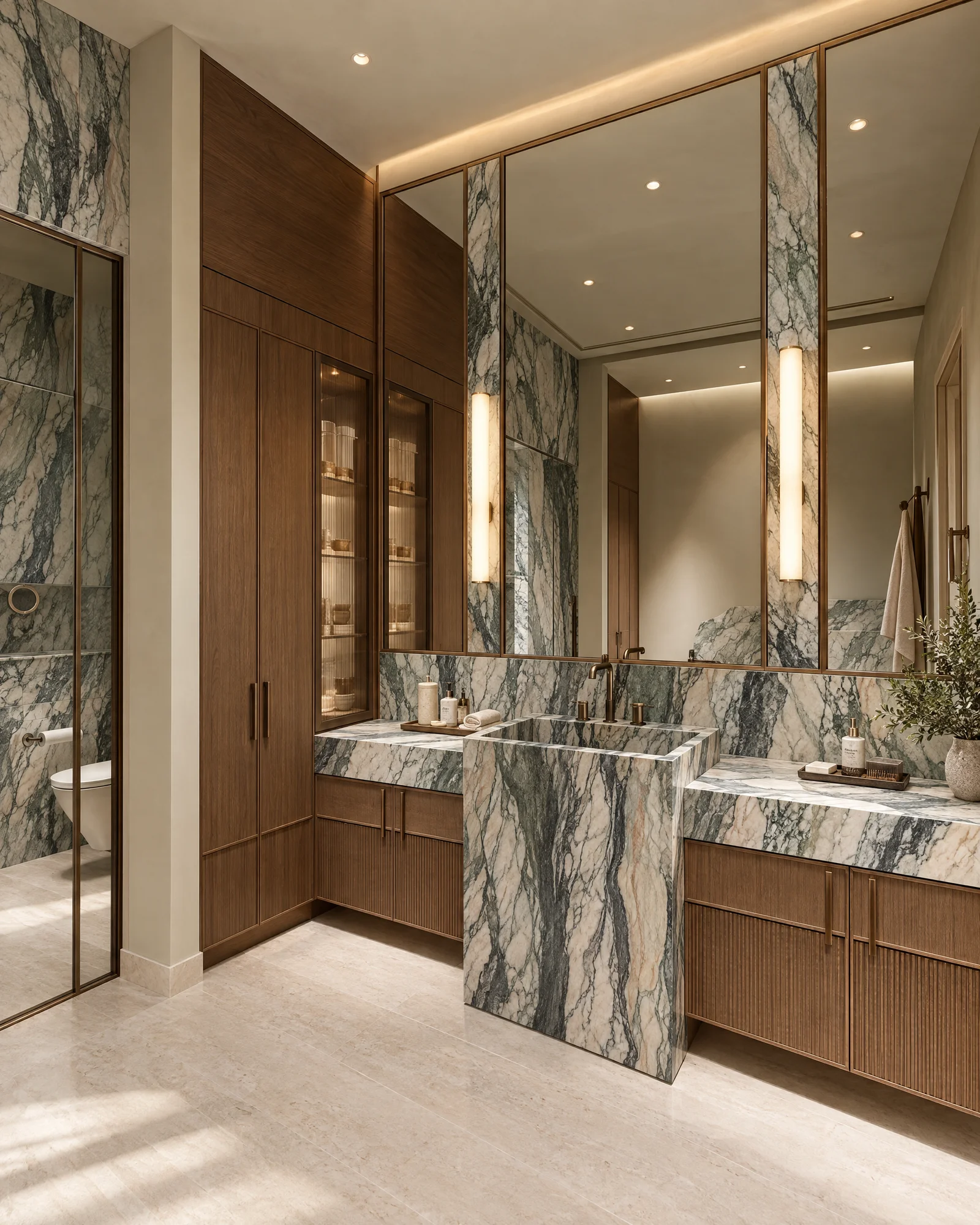 Concept primary bathroom with honed Cipollino marble walls and a carved Cipollino sink block, fluted walnut cabinetry and bronze sconces